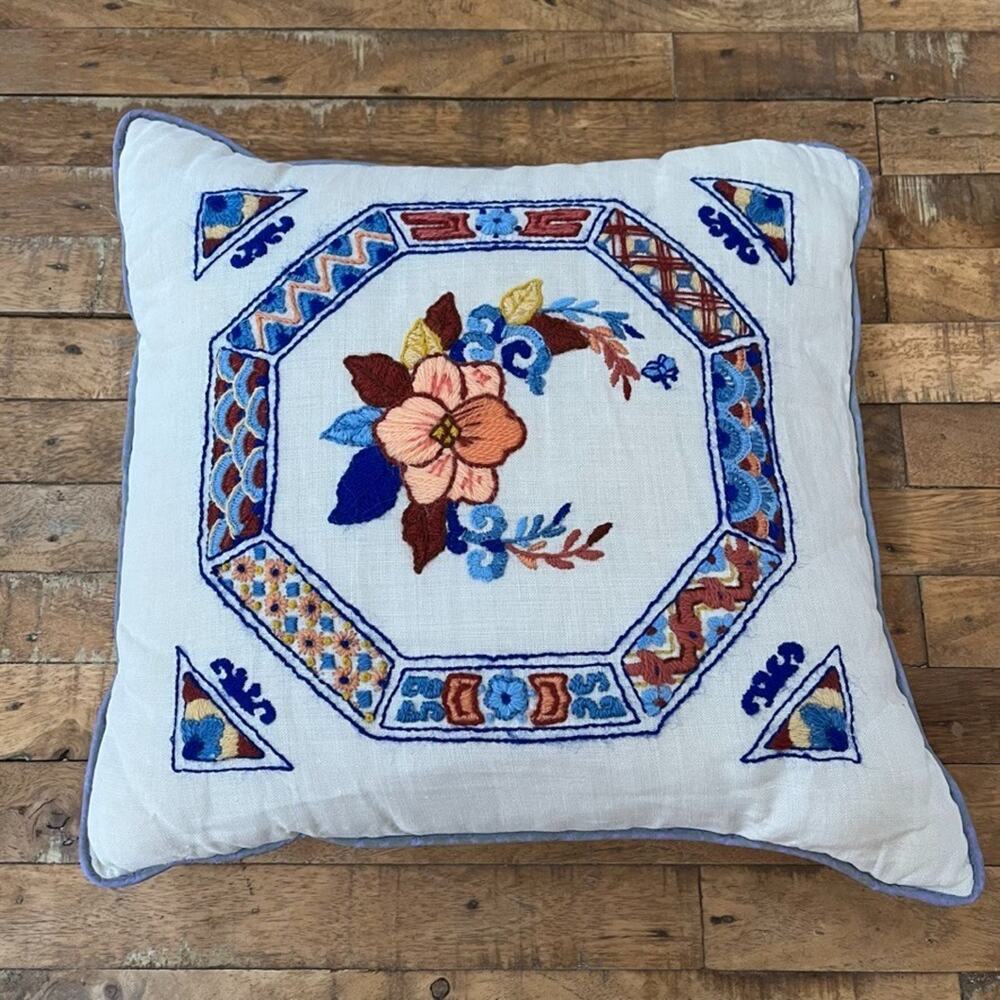 Handmade Throw Pillow 14 x 14 in White Linen Floral Embroidered Geometric